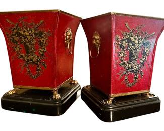 Pair of Italian Red Tole Cachepot Jardinieres