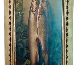 Chromolithograph Trompe-L'oeil Still Life Print of a Day’s Catch of Three Fish in Superb Original Frame