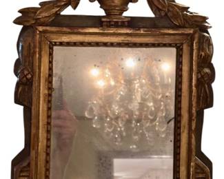 RARE Late 1700s Louis XVI Carved and Gilded Wood Standing Mirror with Carved Laurel Leaf Garland and Trompe L'oeil Swags