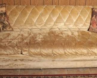 Vintage Gold Tufted Couch with Tapestry Pillows