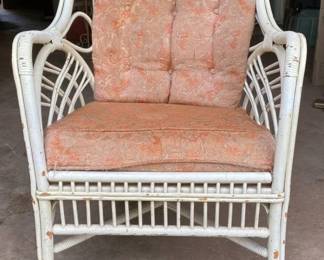 Vintage White Wicker Chair with Orange Cushions