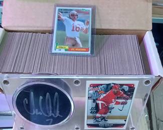 1981 topps set with joe montana rookie , chris chelios autograph puck