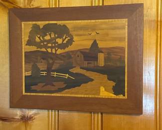 Marquetry Artwork - Pastoral Landscape with Barn and Silo