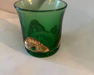 EAPG UA Glass Green Lacy Medallion toothpick or votive holder
