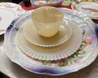 set of iridescent or carnival glass dishes