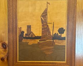 Vintage wood inlay marquetry nautical art