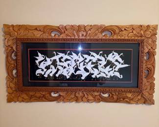 framed artwork featuring a flock of white egrets or cranes