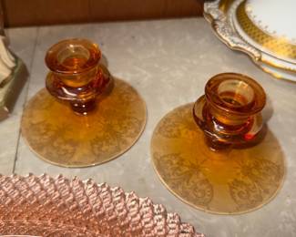 set of 2 Cambridge Etched Glass Amber Depression glass candlestick holders