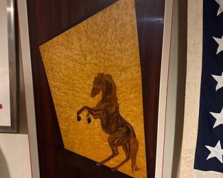 framed piece of art - intarsia or marquetry panel - depicting a horse rearing on its hind legs