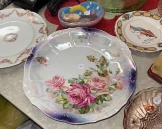 Vintage Lusterware Serving Dish with Pink Rose Motif and beaded edge