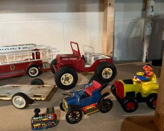 TONKA DUNE BUGGY, NYLING ROADSTER, DIECAST SHOGUN WARRIOR (not pictured, will add), JAPAN TIN TOY, NYLING TRAILER