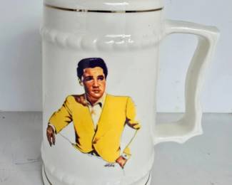 Vintage Tall Elvis Mug Gold Trim Approx. 3 Inch x 9 Inch Wearing Yellow Jacket JEN8010 $15.99 