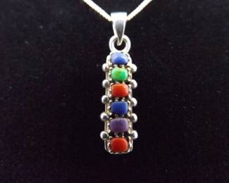 .925 Sterling Silver Multi Stone Cabochons Pendant Necklace