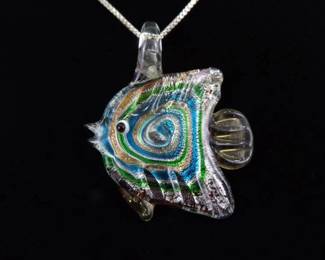 .925 Sterling Silver Glass Foil Fish Pendant Necklace