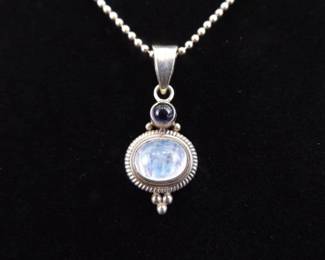 .925 Sterling Silver Black Sapphire Accented Moonstone Cabochon Pendant Necklace