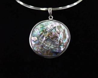 NEW .925 Sterling Silver Abalone Pendant Rigid Omega Necklace