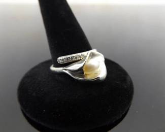 .925 Sterling Silver Genuine Pearl Calla Lily Ring Size 7
