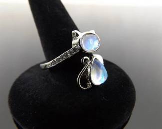 NEW .925 Sterling Silver Moonstone Cabochon Crystal Cat Ring Size 9