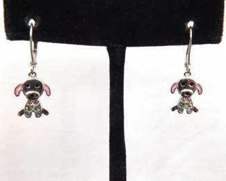 NEW .925 Sterling Silver Crystal Puppy Hinged Clasp Dangle Hook Earrings