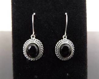 .925 Sterling Silver Onyx Cabochon Dangle Hook Earrings