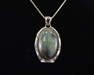 .925 Sterling Silver Large Labradorite Cabochon Pendant Necklace