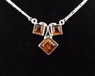 .925 Sterling Silver Amber Pendant Necklace