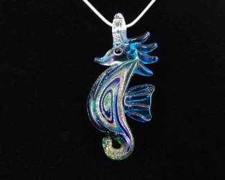 .925 Sterling Silver Glass Foil Seahorse Pendant Necklace