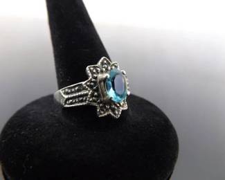 .925 Sterling Silver Art Nouveau Oval Faceted Topaz Crystal Ring Size 7