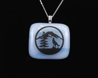.925 Sterling Silver Blue Lace Glass Wolf Mountain Pendant Necklace