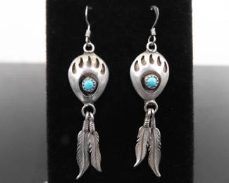 .925 Sterling Silver Navajo Turquoise Bear Claw Feather Dangle Hook Earrings