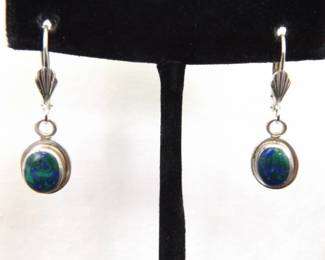 .925 Sterling Silver Azurite Cabochon Hinged Clasp Dangle Hook Earrings
