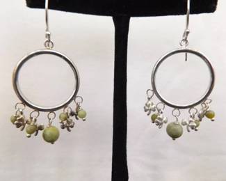 .925 Sterling Silver Sea Foam Green Dangle Hook Hoop Earrings