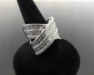 .925 Sterling Silver Zirconia Baguette Crossover Band Ring Size 7