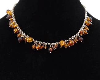.925 Sterling Silver Amber Dangles Necklace