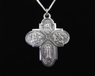 .925 Sterling Silver 4 Way Devotional Christian/Catholic Medal Pendant Necklace