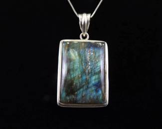 .925 Sterling Silver Large Square Labradorite Cabochon Pendant Necklace