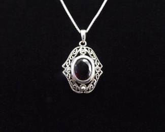 .925 Sterling Silver Scrolled Art Nouveau Garnet Pendant Necklace