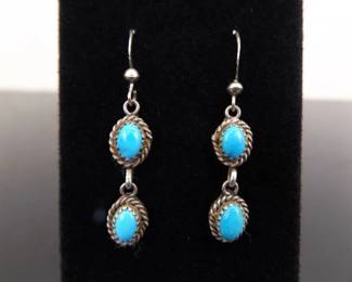 .925 Sterling Silver Navajo Turquoise Cabochon Dangle Hook Earrings
