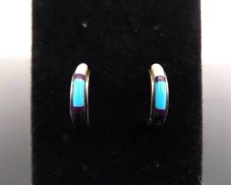 .925 Sterling Silver Navajo Turquoise Mother of Pearl and Onyx Half Hoop Post Earrings