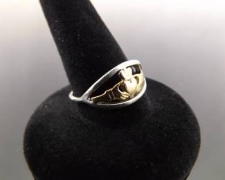 .925 Sterling Silver Gold Accented Irish Claddagh Ring Size 7