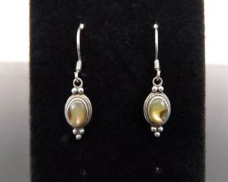 .925 Sterling Silver Abalone Cabochon Dangle Hook Earrings