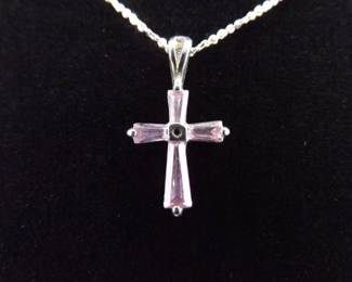 .925 Sterling Silver Pink Sapphire Crystal Pendant Choker Necklace