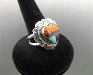 .925 Sterling Silver Multi Inlayed Stone Zuni Heart Ring Size 7.75