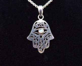.925 Sterling Silver Moonstone Cabochon Accented Hamsa Hand Pendant Necklace