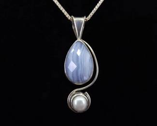 .925 Sterling Silver Pearl Accented Blue Lace Agate Pendant Necklace