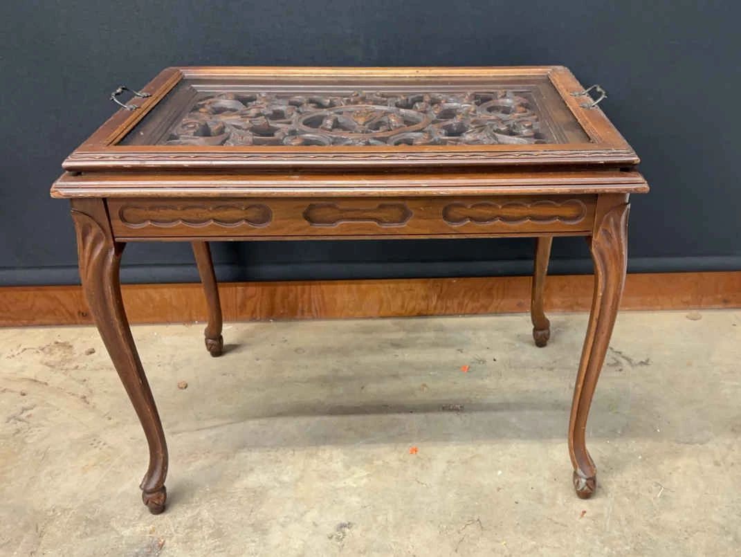 01 Hand Carved Wooden Tea Side Table W Removable Glass Serving Tray