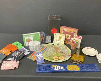Lot Of Bar Themed Equipment Including Wine Glass, Mortar And Pestle, Lazy Susan, Koozies, And More
