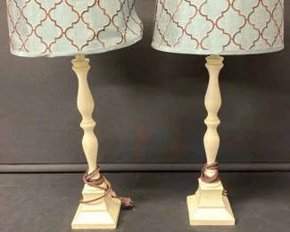 Set Of Two White Lamps With Blue Patterned Shades