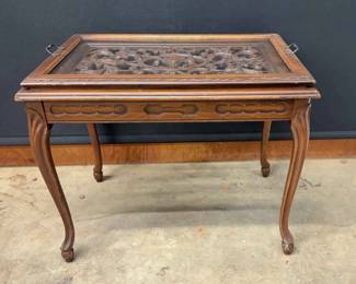 01 Hand Carved Wooden Tea Side Table W Removable Glass Serving Tray