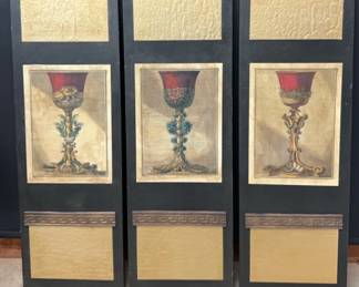 Set Of 3 Kinder Harris Decorative Wood Panels W Red Goblet